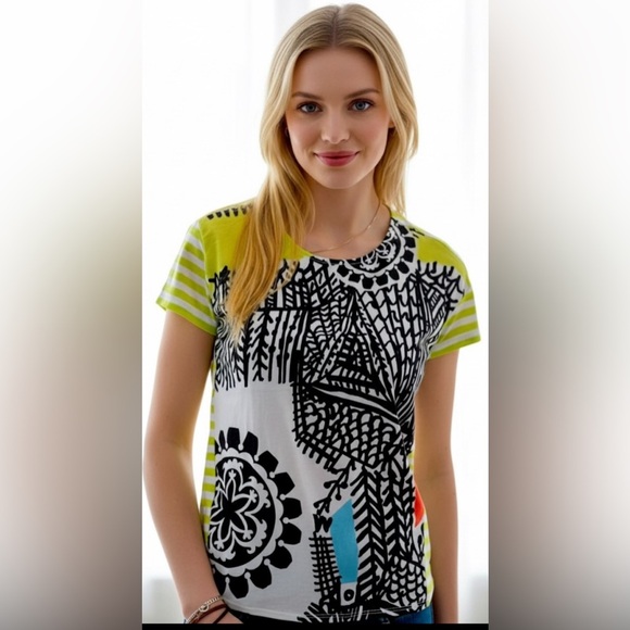 DESIGUAL Lacroix Colab S/S Black White Red Green Graphic Print Viscose Top XL - Picture 1 of 6